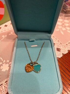 Tiffany & Co. 925 Sterling Silver Gold Twin Heart Necklace with Blue Enamel